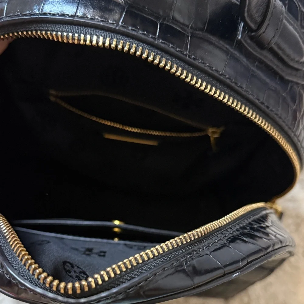 NWOT Tory Burch Black Croc-Embossed Mini Backpack with Gold Details